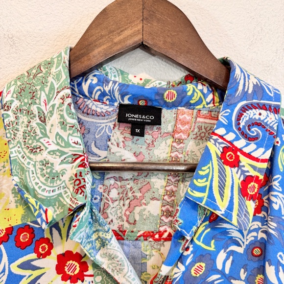 Boho Patchwork Print Button Down Shirt Rayon Top 1X Colorful Artsy Blouse - Picture 2 of 9